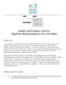 Justify and Critique Solutions to 7th/8th Grade Algebraic Relationships in Two Variables Problems