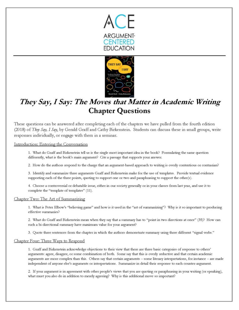 Chapter Questions on the New Edition of ‘They Say, I Say’ Argument