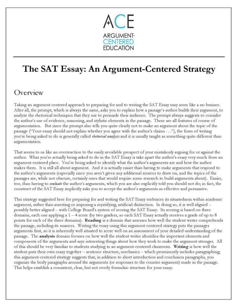 The SAT Essay An ArgumentCentered Strategy ArgumentCentered Education