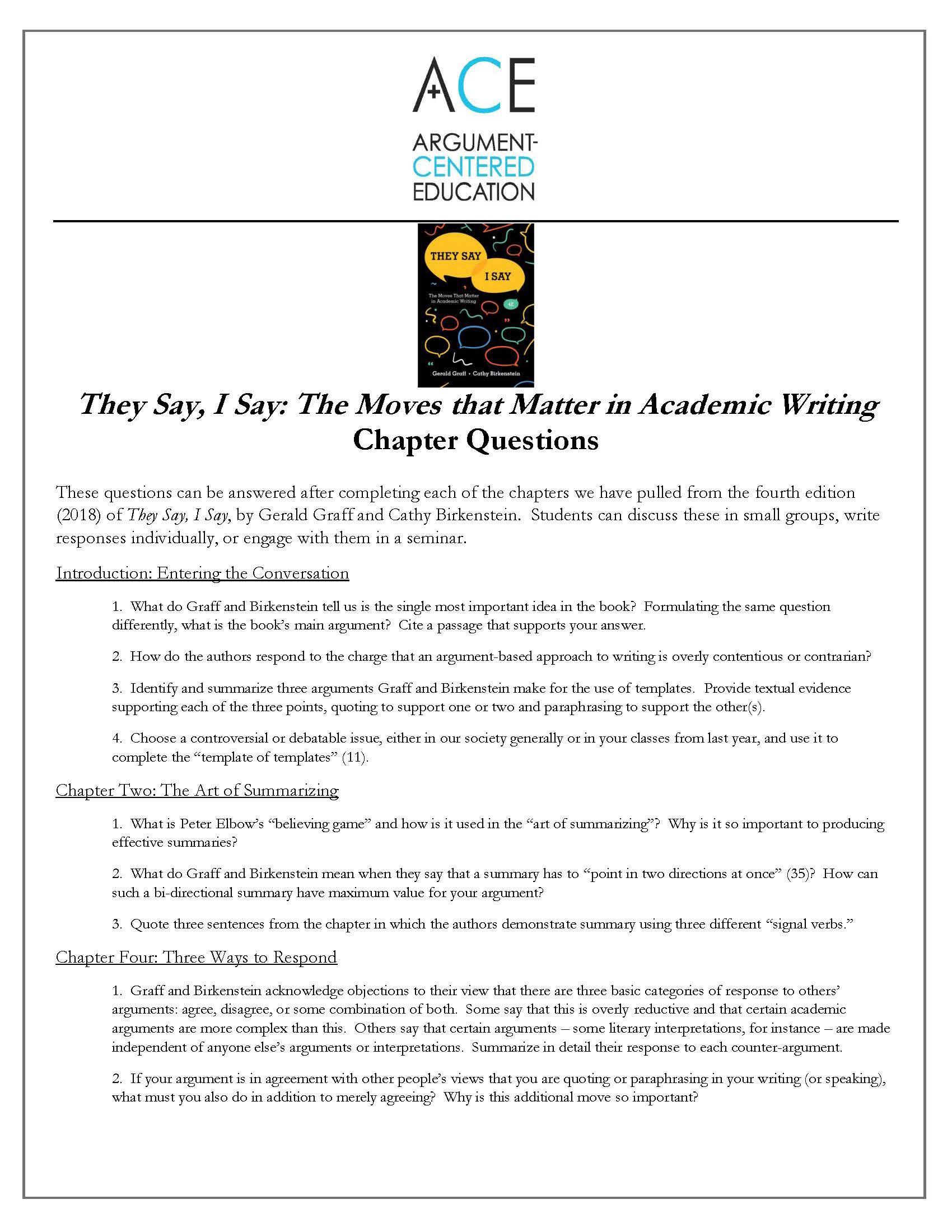 Chapter Questions on the New Edition of ‘They Say, I Say’ | Argument